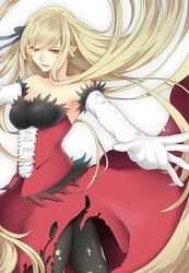  bare_shoulders blonde_hair breasts commentary_request curry_gohan dress elbow_gloves female gloves highres kiss-shot_acerola-orion_heart-under-blade large_breasts long_hair monogatari_(series) oshino_shinobu pantyhose solo torn_clothes yellow_eyes 