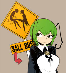  antennae arms_behind_back ball_busting bondage breasts brooch cape cbt commentary_request crotch_kick female flat_color green_eyes green_hair jewelry medium_breasts short_hair sign simple_background solo spacezin sweatdrop touhou wriggle_nightbug 