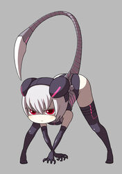  all_fours bare_shoulders black_thighhighs bob_cut claw_pose commentary_request elbow_gloves emile_(koala) female gloves grey_hair headgear ken_(koala) legs leotard neon_trim original photoshop_(medium) red_eyes scorpion_tail short_hair solo tail thighhighs thighs 