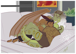  anthro bat closed_eyes clothed clothing cuddling duo erunroe female inside lying male male/female mammal membrane_(anatomy) membranous_wings on_back on_side reptile scalie sleeping snake wings 