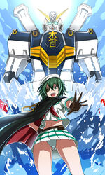  aqua_eyes armor bag belt brown_gloves cape commentary_request crossbone_gundam crossbone_gundam_x-1 crossover eyepatch female gloves glowing glowing_eyes green_eyes green_hair gundam hand_on_own_hip hat kantai_collection kiso_(kancolle) kurobuchi_numama looking_at_viewer mecha navel open_mouth panties pantyshot pauldrons photoshop_(medium) pleated_skirt remodel_(kantai_collection) robot sailor_hat school_uniform serafuku short_hair short_sleeves shoulder_armor skirt skull_and_crossbones sky standing teeth underwear water white_panties 