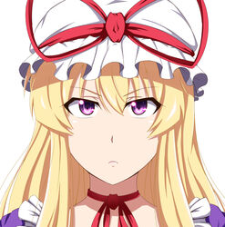  blonde_hair choker commentary_request dress female gradient_eyes hat hat_ribbon highres kyoukyan long_hair looking_at_viewer mob_cap multicolored_eyes portrait purple_dress purple_eyes ribbon ribbon_choker serious simple_background solo touhou white_background yakumo_yukari 