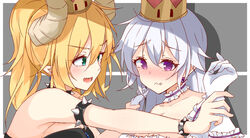  2girls against_wall bad_id bad_pixiv_id bare_shoulders black_collar blonde_hair blush bowsette bracelet breasts choker closed_mouth collar collarbone commentary crown dress earrings frilled_collar frilled_gloves frills gloves green_eyes hair_between_eyes highres hikari_yui horns jewelry large_breasts long_hair looking_at_another looking_away luigi&#039;s_mansion mario_(series) multiple_girls new_super_mario_bros._u_deluxe open_mouth pointy_ears ponytail princess_king_boo purple_eyes sharp_teeth sphere_earrings spiked_bracelet spiked_collar spikes super_crown teeth white_dress white_gloves white_hair yuri 