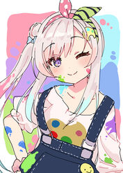  airani_iofifteen airani_iofifteen_(1st_costume) blue_bow blue_overalls bow female green_hairband hair_bun hairband highres hololive hololive_indonesia houshou_marine_(artist) looking_at_viewer one_eye_closed overalls paint_in_hair paint_on_body paint_on_clothes paint_splatter paint_splatter_on_face paint_stains palette_hair_ornament pink_hair pink_hairband purple_eyes shirt side_ponytail sidelocks single_hair_bun smiley_face solo virtual_youtuber white_shirt 