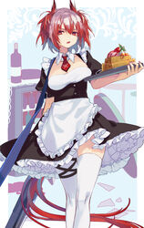  alternate_costume apron arknights arm_behind_back black_dress blue_background blue_hair border bottle breast_lift breasts cleavage detached_collar dress enmaided feather_hair female fiammetta_(arknights) food frilled_apron frilled_dress frills gameyaruzaurus highres holding holding_tray large_breasts maid multicolored_hair necktie open_mouth outside_border pantyhose petticoat red_eyes red_hair red_necktie short_hair short_sleeves single_leg_pantyhose single_thighhigh solo table thigh_strap thighhighs tray two-tone_hair underbust v-shaped_eyebrows waist_apron walking white_apron white_border white_pantyhose white_thighhighs 