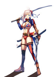  absurdres american_flag american_flag_bikini american_flag_legwear american_flag_print asymmetrical_hair bikini blue_eyes boots breasts bun_cover choker cleavage cowboy_boots cross-laced_clothes cross-laced_legwear der_zweite dual_wielding elbow_gloves fate/grand_order fate_(series) female fingerless_gloves flag_print front-tie_bikini_top front-tie_top full_body gloves gunblade hair_bun highres holding large_breasts long_hair miyamoto_musashi_(fate) miyamoto_musashi_(swimsuit_berserker)_(fate) multicolored_clothes multicolored_swimsuit pink_hair print_bikini simple_background single_elbow_glove single_hair_bun single_hair_intake single_side_bun single_sidelock single_thigh_boot solo swimsuit sword thigh_boots thighhighs two-tone_bikini weapon white_background 