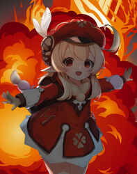  absurdres ahoge backpack bag dodoco_(genshin_impact) dress empty_eyes explosion feathers female genshin_impact hair_between_eyes hat hat_feather highres iznal klee_(genshin_impact) long_hair long_sleeves looking_at_viewer low_twintails red_dress red_eyes red_hat smile solo twintails white_feathers 