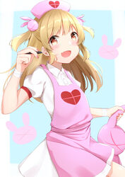  absurdres apron bad_id bad_pixiv_id bandaged_wrist bandages blonde_hair blue_background border brown_eyes commentary_request dress female fingernails grabbing_another&#039;s_ear hair_ornament hand_on_another&#039;s_ear hand_up hat heart highres holding holding_by_the_ears holding_stylus hozuka long_hair looking_at_viewer nail_polish natori_sana nurse_cap oerba_yun_fang open_mouth rabbit rabbit_hair_ornament red_nails sana_channel sidelocks simple_background solo stuffed_animal stuffed_toy stylus two_side_up upper_body virtual_youtuber white_border white_dress 