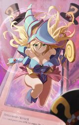  bare_shoulders blonde_hair blue_dress blue_footwear blue_hat blurry blush boots breasts cleavage closed_mouth commentary dark_magician_girl depth_of_field dress duel_monster english_commentary female floating_hair green_eyes hair_between_eyes hat highres holding holding_staff large_breasts long_hair looking_at_viewer m.q_(mqkyrie) magical_hats_(yu-gi-oh!) off-shoulder_dress off_shoulder smile solo staff summoning wizard_hat yu-gi-oh! 