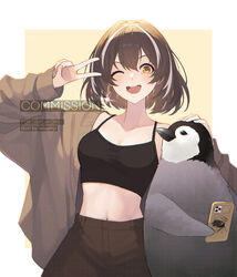  ;d arknights bird black_hair black_pants breasts camisole cellphone cleavage collarbone commission crop_top female grey_jacket highres jacket long_sleeves looking_at_viewer magallan_(arknights) medium_breasts midriff multicolored_hair navel one_eye_closed open_clothes open_jacket open_mouth pants penguin phone short_hair smartphone smile solo spaghetti_strap stomach streaked_hair upper_body v velephyr white_hair yellow_eyes 