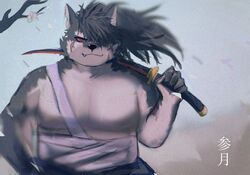  anthro bandage canid canine canis domestic_dog eyebrows hair japanese_text katana lifewonders long_hair male mammal melee_weapon pecs ponytail popcornduck2 samurai scar shino_(tas) solo sword text thick_eyebrows tokyo_afterschool_summoners warrior weapon 