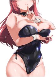  alternate_costume alternate_hairstyle animal_ears atlanta_(kancolle) black_leotard breasts brown_hair cleavage commentary_request detached_collar female finger_to_mouth head_out_of_frame index_finger_raised kantai_collection large_breasts leotard long_hair playboy_bunny simple_background solo white_background wrist_cuffs yukiguni_yuu 