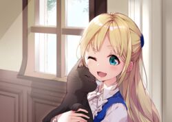  animal blonde_hair blue_eyes blush bon_(bonbon315) bow commentary_request feline female hair_ornament holding holding_animal holding_cat indoors long_hair one_eye_closed open_mouth original portrait smile solo white_bow window 