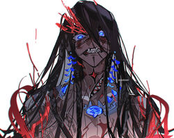  1boy artist_name black_hair blue_eyes braid camazotz_(fate) clenched_teeth commentary_request crazy_eyes dark-skinned_male dark_skin eeju extra_mouth fate/grand_order fate_(series) highres long_hair looking_at_viewer male_focus multiple_braids sharp_teeth simple_background tattoo teeth twitter_username upper_body white_background wide-eyed 