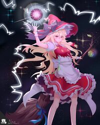  absurdres alternate_color apron blonde_hair blue_bow bow braid branch broom buttons commentary dress electricity electrokinesis english_commentary female frilled_dress frills hairbow hat hat_bow highres juliet_sleeves kirisame_marisa kirisame_marisa_(witch_of_scarlet_dreams) long_sleeves mini-hakkero neochromaticx orb puffy_sleeves red_dress red_eyes shirt short_hair short_sleeves side_braid single_braid touhou touhou_lostword waist_apron white_bow white_legwear white_shirt witch_hat 