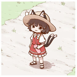  :3 alternate_headwear animal_ear_piercing animal_ears ankle_strap arm_at_side black_eyes black_footwear border bow bowtie brown_hair cat_ears cat_girl cat_tail chen closed_mouth commentary dirt_road ears_through_headwear female frills from_above from_side full_body grass hat hat_bow hatching_(texture) high_collar holding jewelry linear_hatching looking_at_viewer looking_to_the_side looking_up mandarin_collar medium_skirt multiple_tails nekomata no_nose outdoors path poronegi puffy_short_sleeves puffy_sleeves red_skirt red_vest road sandals shadow short_hair short_sleeves shoulder_strap skirt skirt_set smile solo standing straw_hat sun_hat tail thermos touhou vest white_border white_bow white_bowtie 