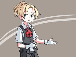  blonde_hair commentary cowboy_shot dress_shirt english_commentary female gloves green_eyes grey_background kantai_collection looking_at_viewer maikaze_(kancolle) neck_ribbon one-hour_drawing_challenge parted_bangs pleated_skirt ponytail red_ribbon ribbon school_uniform scrunchie shirt short_sleeves sixten skirt solo standing two-tone_background vest white_gloves white_shirt 