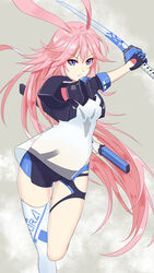  5plus absurdres animal_ears black_gloves closed_mouth female fox_ears gloves grey_background hair_between_eyes highres holding holding_sword holding_weapon honkai_(series) honkai_impact_3rd katana long_hair looking_at_viewer purple_eyes see-through see-through_shirt sheath sheathed shirt single_glove single_thighhigh sleeves_past_elbows solo sword thighhighs v-shaped_eyebrows weapon white_shirt white_thighhighs yae_sakura yae_sakura_(goushinnso_memento) 