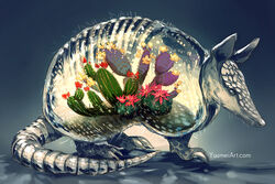  animal armadillo cactus commentary english_commentary flower full_body highres no_humans nopal original red_flower surreal terrarium transparent watermark web_address yellow_flower yuumei 