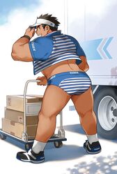  1boy adjusting_clothes adjusting_headwear ass bara blue_male_underwear blue_shirt briefs car cropped_shirt dark-skinned_male dark_skin edge_(brand) from_behind full_body grin headwear_request kuro_nezumi_inu looking_at_viewer male_focus male_underwear motor_vehicle muscular muscular_male no_pants open_clothes open_shirt original package sagawa_express second-party_source shirt shoes short_hair sideburns smile sneakers socks solo thick_thighs thighs underwear 