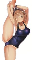  :3 armpits arms_up atelier_(series) atelier_ryza atelier_ryza_1 bare_legs blue_one-piece_swimsuit blush braid breasts brown_hair cleavage closed_mouth clover_hair_ornament commentary covered_navel cowboy_shot earrings female flexible hair_ornament hairband highres inaba_(usanopo) jewelry key key_necklace large_breasts looking_at_viewer medium_hair necklace one-piece_swimsuit one_eye_closed parted_bangs reisalin_stout school_swimsuit simple_background sleeveless smile solo split standing standing_on_one_leg standing_split swimsuit tan tanlines thick_thighs thighs white_background wristband yellow_eyes 