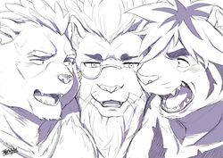  anthro barguest_(tas) bear blush bust_portrait eyebrows eyewear felid group hi_res hijirinoyuta lifewonders lion macan_(tas) male mammal mane monochrome monocle pantherine portrait snow_(tas) thick_eyebrows tiger tokyo_afterschool_summoners trio whiskers 