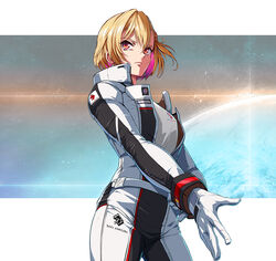  ashizawa_saki belt blonde_hair breasts colored_inner_hair commentary_request eyebrows_hidden_by_hair female frown gloves grey_shirt hair_behind_ear hand_on_own_arm ishida_baru medium_breasts multicolored_hair pilot_suit pink_hair riot_music science_fiction shirt solo sparkle virtual_youtuber white_gloves 