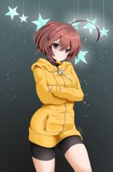  ahoge bike_shorts blush brown_hair chaesu crossed_arms female flat_chest full-length_zipper hair_between_eyes highres hood hood_down huge_ahoge light_smile linne looking_at_viewer mobile purple_eyes short_hair solo standing star turtleneck under_night_in-birth yellow_hoodie zipper 