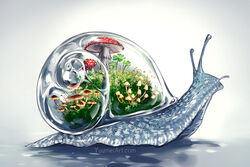  animal clover commentary english_commentary fly_agaric full_body highres mushroom no_humans original plant snail surreal terrarium transparent watermark web_address yuumei 