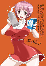  alternate_body_size alternate_breast_size alternate_height bouncing_breasts bow breasts brown_eyes commentary_request cowboy_shot dress female gorigori222 hands_up holding holding_carton large_breasts light_blush looking_at_viewer mature_female milk milk_carton open_mouth orange_background pink_hair red_dress short_dress short_hair simple_background smile solo teeth thighs toaru_majutsu_no_index tongue translation_request tsukuyomi_komoe upper_teeth_only white_bow 