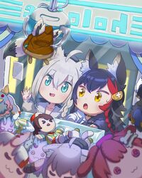  6+girls ahoge animal_ears bad_id bad_twitter_id bamboo_shoot black_hair black_hoodie braid cat_ears collarbone commentary_request crane_game dog_ears doll fox_ears fox_girl green_eyes hair_between_eyes hair_ornament hairclip hatotaurus_(ookami_mio) hololive hood hoodie horns inugami_korone karma_(nakiri_ayame) long_hair multicolored_hair multiple_girls nakiri_ayame nekomata_okayu ookami_mio ookami_mio_(casual) oozora_subaru open_mouth oruyanke_(shirakami_fubuki) red_hair shirakami_fubuki shirakami_fubuki_(street) shiranui_(nakiri_ayame) shirt sidelocks single_braid skin-covered_horns streaked_hair subaru_duck sweatdrop tapioka_bocchi virtual_youtuber white_hair white_hoodie white_shirt wolf_ears wolf_girl yellow_eyes 