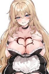  absurdres apron bare_shoulders black_choker black_dress blonde_hair blue_eyes breast_suppress breasts chocolate chocolate_on_body chocolate_on_breasts choker cleavage collarbone dress female food_on_body frilled_dress frills grin hailiu hands_on_own_chest heart highres i_became_an_academy_award-winning_villain large_breasts long_hair looking_at_viewer maid maid_apron no_bra second-party_source simple_background smile solo strapless strapless_dress very_long_hair waist_apron white_background wrist_cuffs 