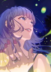  absurdres blurry blurry_foreground chama_kou close-up female fireflies from_below glowing grin highres jewelry long_hair nail_polish night original pink_lips pink_nails purple_eyes purple_hair ring smile solo 