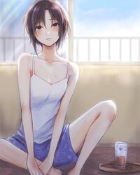  antenna_hair balcony bare_shoulders black_eyes black_hair blue_shorts blush breasts camisole collarbone commentary cup drink drinking_glass expressionless female hair_between_eyes hand_on_own_foot highres idolmaster idolmaster_(classic) iso_(nh15mint) kikuchi_makoto looking_at_viewer messy_hair on_floor protected_link railing short_hair shorts sitting small_breasts solo spread_legs sweat tray white_camisole window 