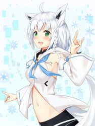  absurdres ahoge animal_ears bad_id bad_pixiv_id bike_shorts blue_background braid breasts detached_sleeves female fingernails fox_ears fox_girl fox_shadow_puppet fox_tail green_eyes highres hololive hozuka long_hair looking_at_viewer medium_breasts navel neckerchief no_shirt open_clothes open_shirt sailor_collar shirakami_fubuki shirakami_fubuki_(1st_costume) snowflake_background solo tail virtual_youtuber white_hair 