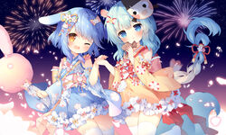  2girls :o ;d aerial_fireworks animal_ears azur_lane bare_shoulders blue_eyes blue_hair blue_kimono blue_sleeves blush braid character_mask chocolate commentary_request cotton_candy cowboy_shot detached_sleeves dress festival fireworks fish floral_print food frilled_kimono frills green_hair hair_between_eyes hair_ornament highres holding holding_food holding_hands japanese_clothes kimono lace long_hair long_sleeves looking_at_viewer mask mask_on_head mikazuki_(azur_lane) minazuki_(azur_lane) multiple_girls mutsuki_face_(azur_lane) night one_eye_closed open_mouth partial_commentary petals pink_ribbon rabbit rabbit_ears red_ribbon ribbed_dress ribbon short_kimono sidelocks skindentation sleeveless sleeveless_kimono smile squirrel_ears squirrel_tail standing tail taiyaki thighhighs thighs tsukimi_(xiaohuasan) very_long_hair wagashi white_thighhighs yellow_kimono yellow_ribbon yellow_sleeves yukata zettai_ryouiki 