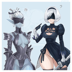  2b_(nier:automata) 2girls ? blindfold breasts cleavage commentary covered_eyes dark_elf dark_elf_(lineage_2) earrings elcadia elf english_commentary jewelry katana lineage lineage_2 medium_breasts mole mole_under_mouth multiple_girls nier:automata nier_(series) pointing pointing_at_self pointy_ears prywinko squiggle sword thick_thighs thighs weapon 