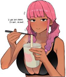  black_bra blush bra breasts chopsticks cleavage commentary cup cup_ramen dark-skinned_female dark_skin ear_piercing english_text female food holding holding_cup large_breasts long_hair noodles ohasi original piercing pink_(ohasi) pink_hair simple_background solo symbol-only_commentary underwear white_background 