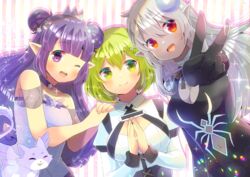  3girls :d ;d black_dress black_gloves blunt_bangs breasts chartreuse_proxy cleavage cleavage_cutout closed_mouth clothing_cutout commentary_request crescent crescent_hair_ornament crown dark-skinned_female dark_skin double_bun dress elf feline flanny_(vtuber) girl_sandwich gloves green_eyes green_hair grey_hair hair_between_eyes hair_bun hair_ornament indie_virtual_youtuber juliet_sleeves kou_hiyoyo long_hair long_sleeves looking_at_viewer medium_breasts mini_crown multiple_girls navel navel_cutout one_eye_closed open_mouth outstretched_arm own_hands_together palms_together pointy_ears puffy_sleeves purple_dress purple_eyes purple_hair red_eyes rooniee sandwiched shirt smile star_(symbol) star_hair_ornament strapless strapless_dress striped striped_background v vertical_stripes very_long_hair virtual_youtuber white_shirt winged_animal 