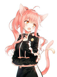  :o ahoge animal_ear_fluff animal_ears black_hoodie cat_ears cat_girl cat_tail cat_teaser choker crop_top drawstring female hand_up holding hood hood_down hoodie index_finger_raised kh_(kh_1128) long_sleeves looking_away midriff oerba_yun_fang open_mouth orange_eyes original pink_hair ponytail sidelocks simple_background solo tail tail_raised upper_body wavy_hair white_background 