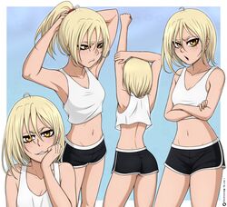  absurdres armpits black_shorts bleach blonde_hair blue_background blush border breasts cleavage collarbone crop_top dolphin_shorts female freckles grin highres looking_at_viewer midriff mistowing multiple_views navel oerba_yun_fang open_mouth sarugaki_hiyori shiny_skin short_hair shorts simple_background small_breasts smile tank_top tomboy white_border white_tank_top yellow_eyes 