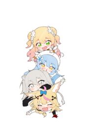  4girls :d :o absurdres ahoge angry animal_ear_fluff animal_ears arm_cuffs asymmetrical_gloves beret black_shirt blonde_hair blue_bow blue_coat blue_hair blush bow braid chibi chibi_only closed_mouth club_hair_ornament coat commentary_request diamond_hair_ornament double_bun elf flower fox_ears fox_girl frilled_shirt frills fur-trimmed_coat fur_trim gloves gradient_hair green_eyes grey_eyes grey_hair hair_bun hair_flower hair_ornament hairbow hat heart heart_ahoge heart_hair_ornament highres hololive human_tower lion_ears lion_girl lion_tail long_hair looking_down looking_up messy_hair mismatched_gloves momosuzu_nene momosuzu_nene_(1st_costume) multicolored_hair multiple_girls nepolabo neru_(flareuptf1) omaru_polka open_mouth pink_hair pointy_ears red_gloves shirt shishiro_botan shishiro_botan_(1st_costume) side_braid simple_background single_sleeve single_wrist_cuff sleeveless sleeveless_shirt sleeves_past_wrists smile spade_hair_ornament stacking tail two_side_up very_long_hair virtual_youtuber white_background white_coat white_flower white_headwear white_shirt wrist_cuffs x_hair_ornament yellow_eyes yukihana_lamy yukihana_lamy_(1st_costume) 