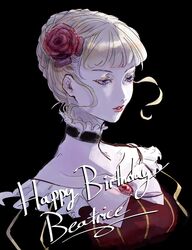  beatrice_(umineko) black_background blonde_hair blue_eyes bow braid braided_bun choker collarbone dress english_text female flower frilled_choker frilled_dress frills hair_bun hair_flower hair_ornament happy_birthday highres lips portrait solo tofucakes umineko_no_naku_koro_ni 