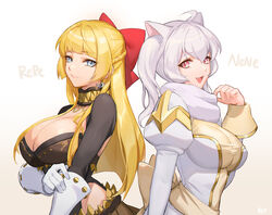  2girls ahoge alternate_color animal_ears bad_id bad_twitter_id blonde_hair blue_eyes blunt_bangs bow braid breasts brown_skirt cat_ears character_name chinese_commentary cleavage closed_mouth commentary_request cross dress earrings french_braid genetic_(ragnarok_online) gloves hair_between_eyes hairbow high_priest_(ragnarok_online) highres jewelry juliet_sleeves large_breasts long_hair long_sleeves looking_at_viewer multiple_girls oerba_yun_fang open_mouth pink_eyes puffy_sleeves ragnarok_online red_bow sanonoreku_rlo sash shrug_(clothing) simple_background skirt smile two-tone_dress upper_body white_background white_dress white_gloves white_hair yellow_dress yellow_sash 