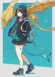  aqua_bow aqua_vest backpack badge bag bag_charm bandaid bandaid_on_leg black_hair black_jacket black_skirt blazer blue_background bow button_badge charm_(object) commentary dinosaur female full_body hairbow headphones headphones_around_neck highres jacket muco_lita original pointy_ears purple_eyes school_uniform shoes skirt sneakers standing tail 