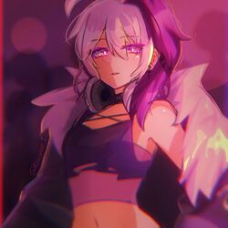  bare_shoulders commentary crop_top earrings english_commentary female flower_(gynoid_talk) flower_(vocaloid) fur-trimmed_jacket fur_trim gynoid_talk half-closed_eyes jacket jewelry kolorae1 light_smile looking_at_viewer medium_hair midriff multicolored_hair navel parted_lips purple_eyes purple_hair purple_jacket purple_shirt purple_theme shirt solo streaked_hair upper_body vocaloid white_hair 