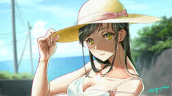  absurdres bare_shoulders blurry blurry_background breasts chama_kou cleavage closed_mouth commentary_request day dress female grey_hair hand_up hat hat_ribbon highres horizon long_hair looking_at_viewer medium_breasts o-ring_dress ocean original outdoors pink_ribbon portrait ribbon signature sleeveless sleeveless_dress solo strap_slip straw_hat sun_hat sundress sweat utility_pole white_dress yellow_eyes 