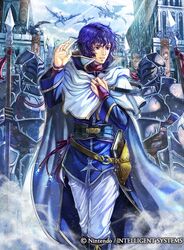  3boys armor bag bat_wings belt blue_eyes blue_hair book boots cape castle commentary_request dragon faceless faceless_male fire_emblem fire_emblem:_radiant_dawn fire_emblem_cipher gloves helmet male_focus multiple_boys official_art pelleas_(fire_emblem) polearm sky solo_focus sparkle spear takaya_tomohide teeth weapon wings 