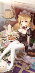  absurdres alternate_costume arm_support bed blonde_hair bottle bow box bread breasts brown_dress cake candy checkerboard_cookie chocolate_syrup cleavage coffee_pot commentary_request cookie corset cosmetics creamer_(vessel) cross-laced_clothes cup dated doily doughnut drawer drawing_(object) dress female food foot_out_of_frame fork frilled_dress frilled_pillow frills fruit gift gift_box gloves highres holding holding_cup indoors jam jar knees_together_feet_apart lamp light_smile lipstick_tube looking_at_viewer macaron madeleine maid_headdress mcg6 medium_breasts mousse_(food) nightstand no_shoes on_bed opera_cake pillow plate pudding puffy_short_sleeves puffy_sleeves sandwich short_dress short_hair short_sleeves short_twintails signature sitting solo strawberry striped_clothes striped_dress sweets teacup teapot thighhighs tiered_tray twintails underbust vertical-striped_clothes vertical-striped_dress warship_girls_r white_gloves white_thighhighs wine_bottle wrapped_candy yellow_eyes z31_(warship_girls_r) zettai_ryouiki 