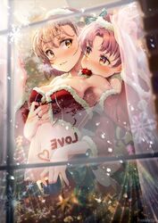  2girls armpits bell blush breasts brown_eyes brown_hair christmas cleavage flower_in_mouth hat highres hug hug_from_behind jewelry looking_at_another medium_breasts medium_hair misaka_mikoto multiple_girls navel parted_lips ring santa_costume santa_hat shiny_skin shirai_kuroko short_hair toaru_majutsu_no_index window yonabe yuri 